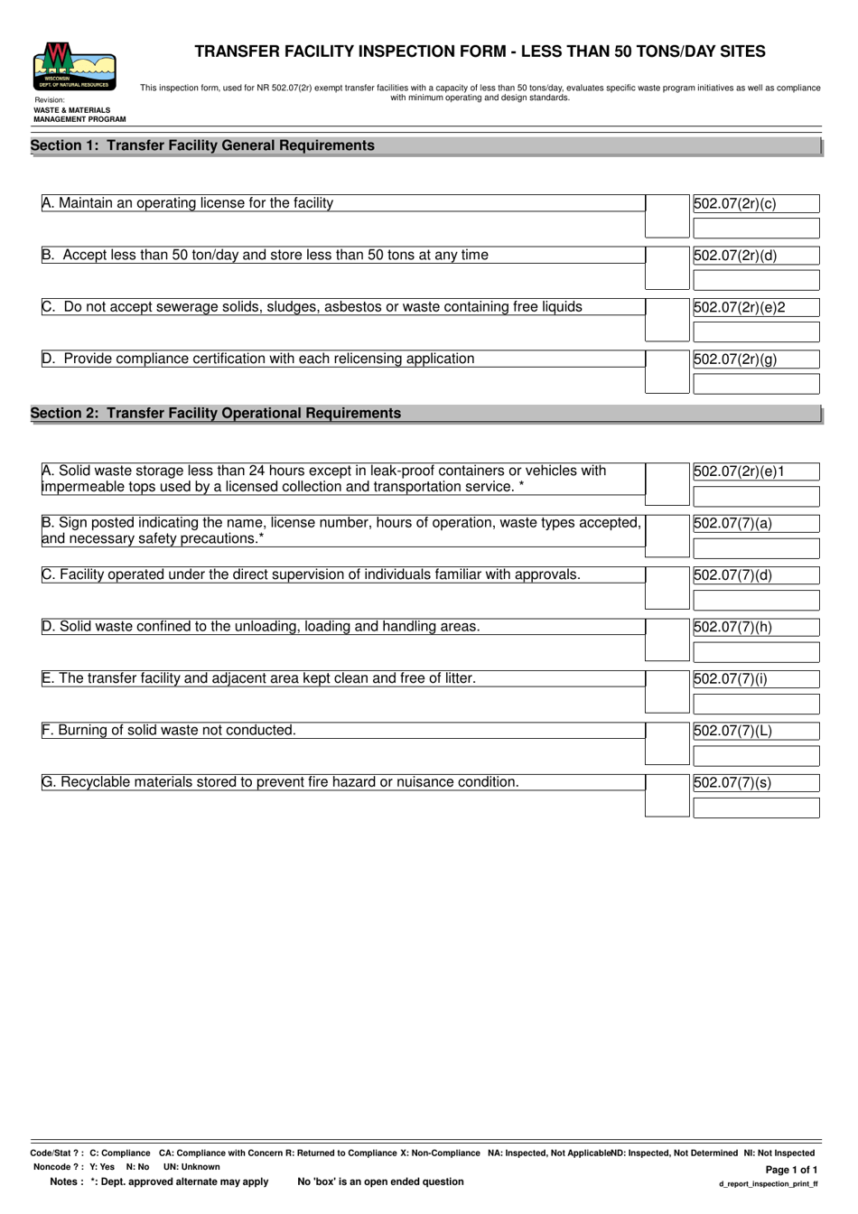 Transfer Facility Inspection Form - Less Than 50 Tons / Day Sites - Wisconsin, Page 1