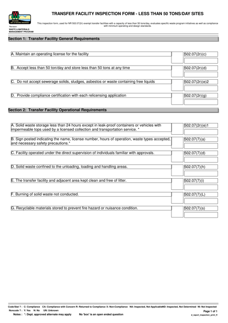 Transfer Facility Inspection Form - Less Than 50 Tons / Day Sites - Wisconsin Download Pdf