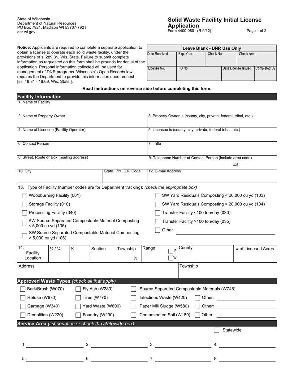 Form 4400-088 Solid Waste Facility Initial License Application - Wisconsin, Page 1