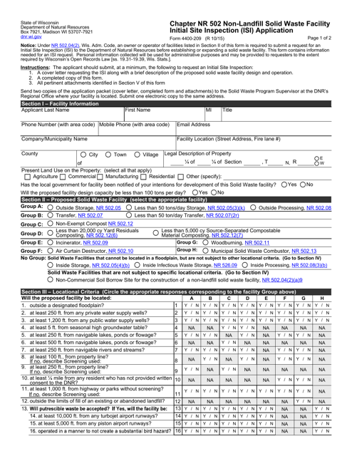 Form 4400-209 Chapter Nr 502 Non-landfill Solid Waste Facility Initial Site Inspection (Isi) Application - Wisconsin