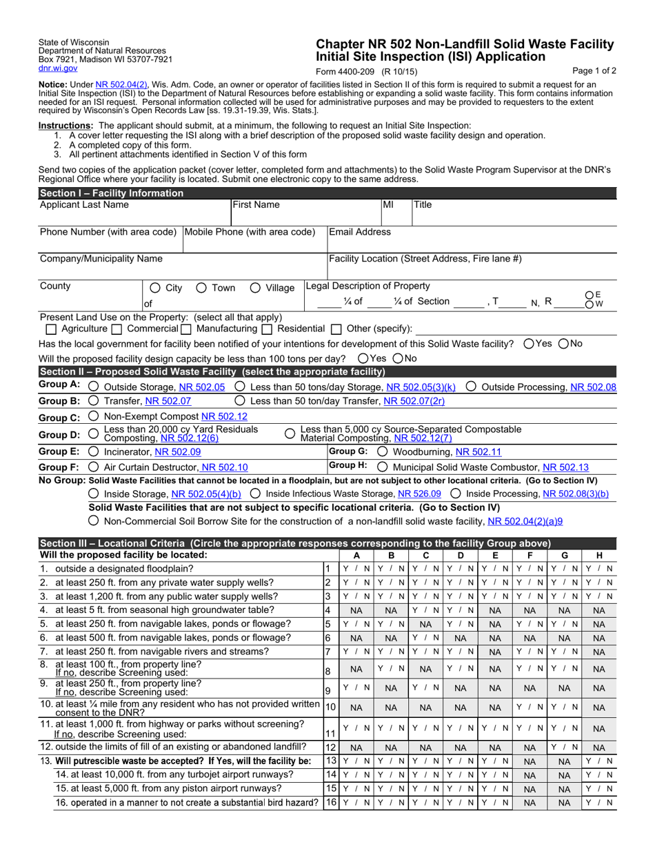 Form 4400-209 Chapter Nr 502 Non-landfill Solid Waste Facility Initial Site Inspection (Isi) Application - Wisconsin, Page 1