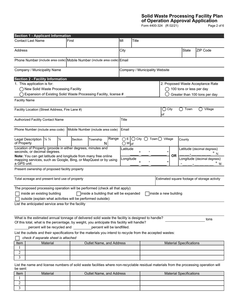 Form 4400-324 Solid Waste Processing Facility Plan of Operation Approval Application - Wisconsin, Page 2