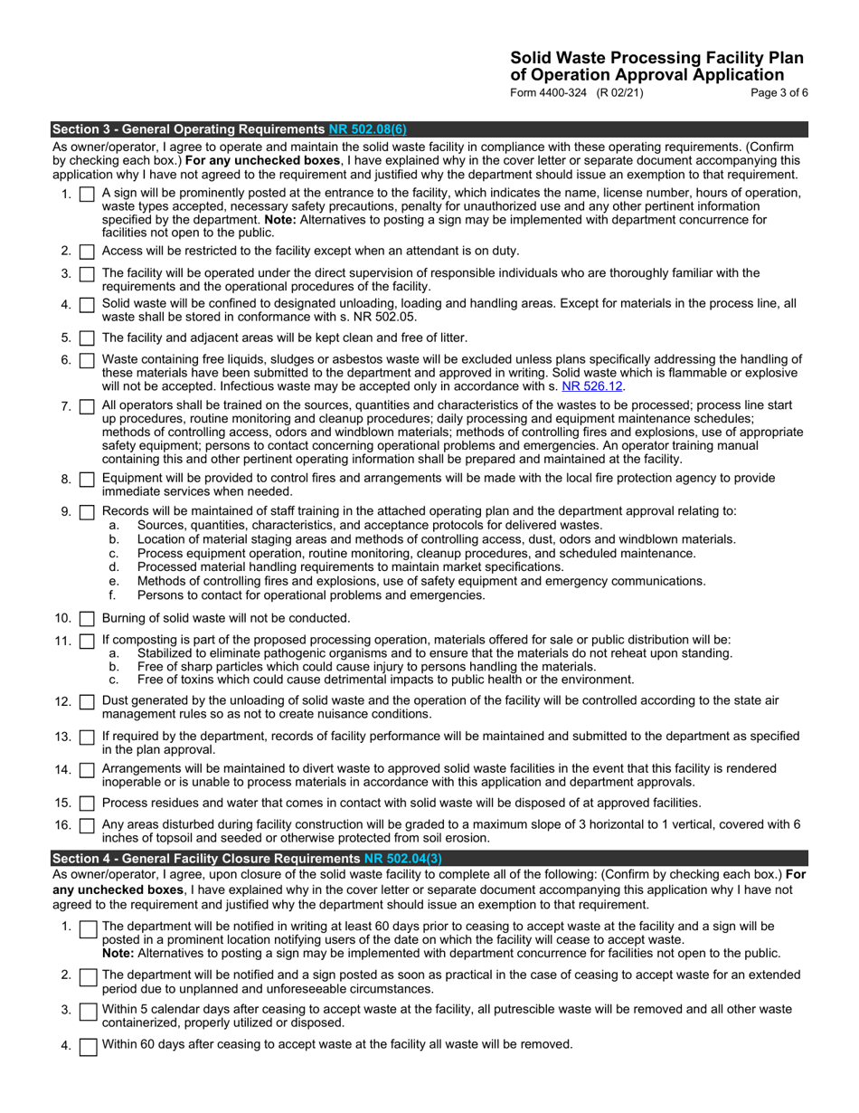 Form 4400-324 Solid Waste Processing Facility Plan of Operation Approval Application - Wisconsin, Page 3