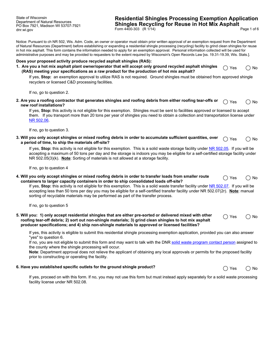 Form 4400-303 Residential Shingles Processing Exemption Application - Shingles Recycling for Reuse in Hot Mix Asphalt - Wisconsin, Page 1