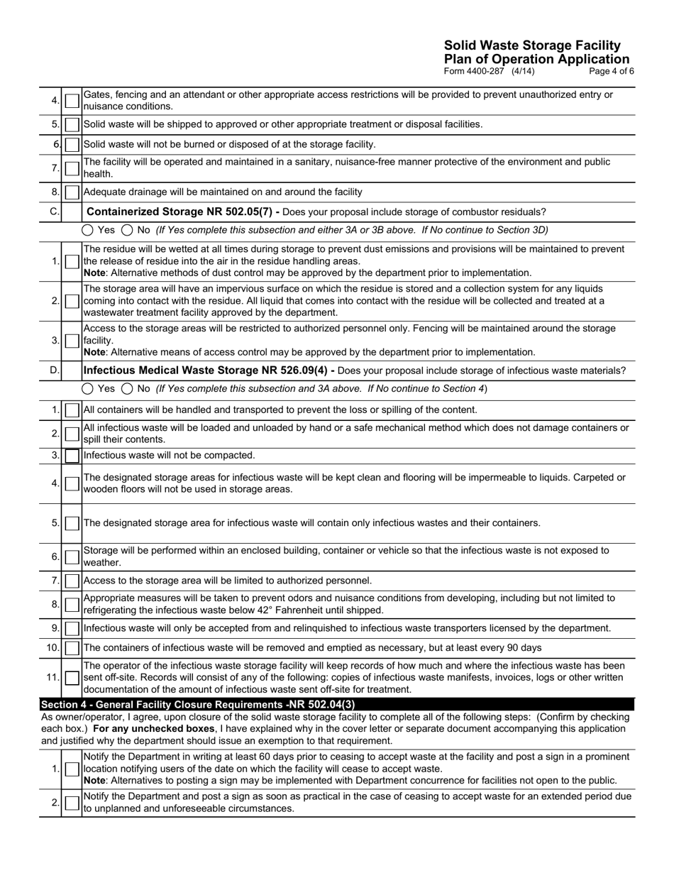 Form 4400-287 Solid Waste Storage Facility Plan of Operation Application - Wisconsin, Page 4