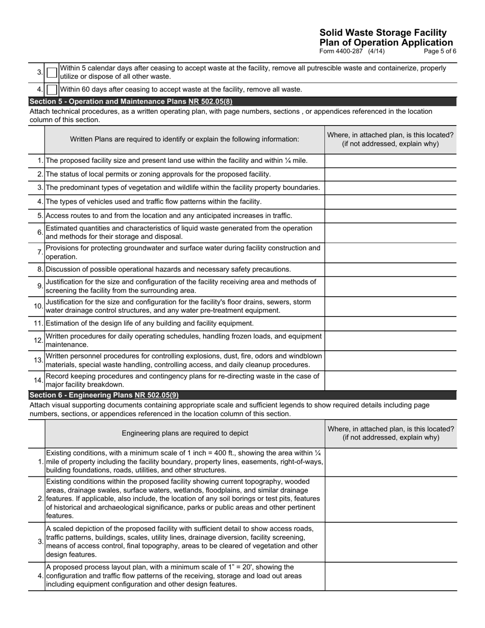 Form 4400-287 Solid Waste Storage Facility Plan of Operation Application - Wisconsin, Page 5