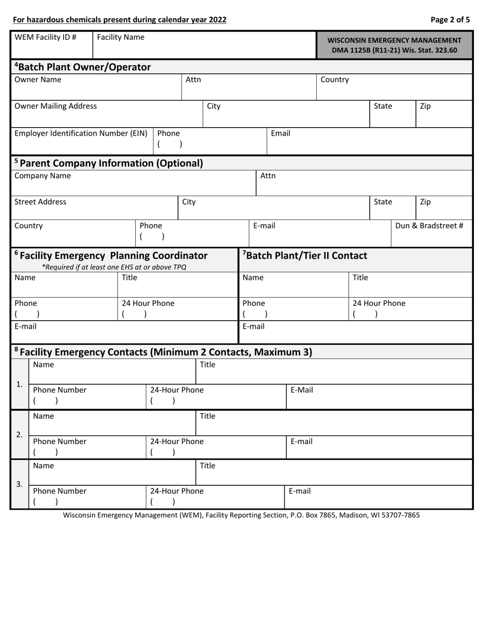 DMA Form 1125B Wisconsin Batch Plant Emergency Response  Hazardous Chemical Report - Wisconsin, Page 2