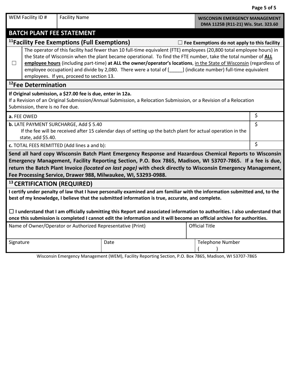 DMA Form 1125B Wisconsin Batch Plant Emergency Response  Hazardous Chemical Report - Wisconsin, Page 5