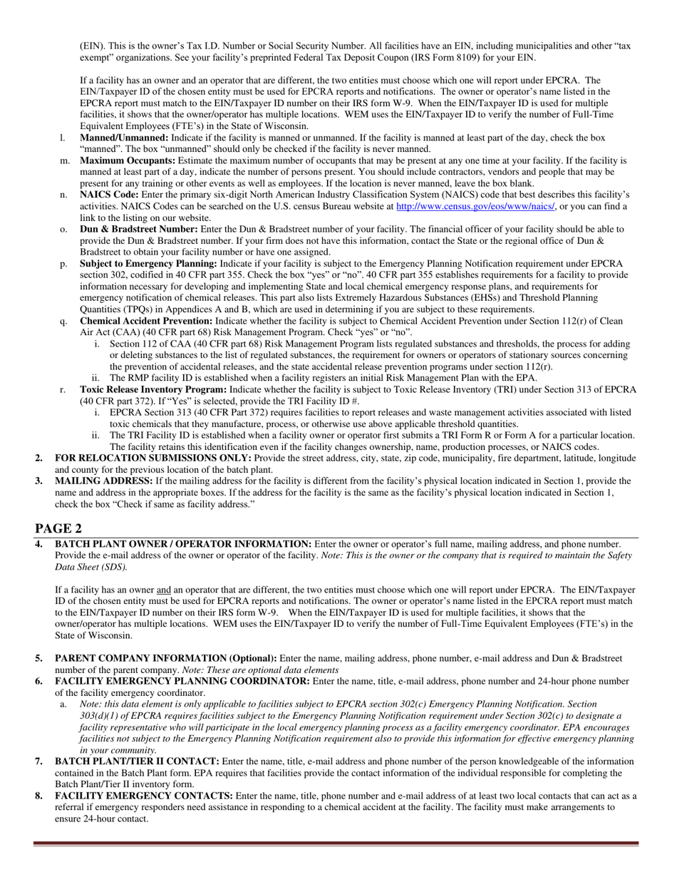 DMA Form 1125B Wisconsin Batch Plant Emergency Response  Hazardous Chemical Report - Wisconsin, Page 9