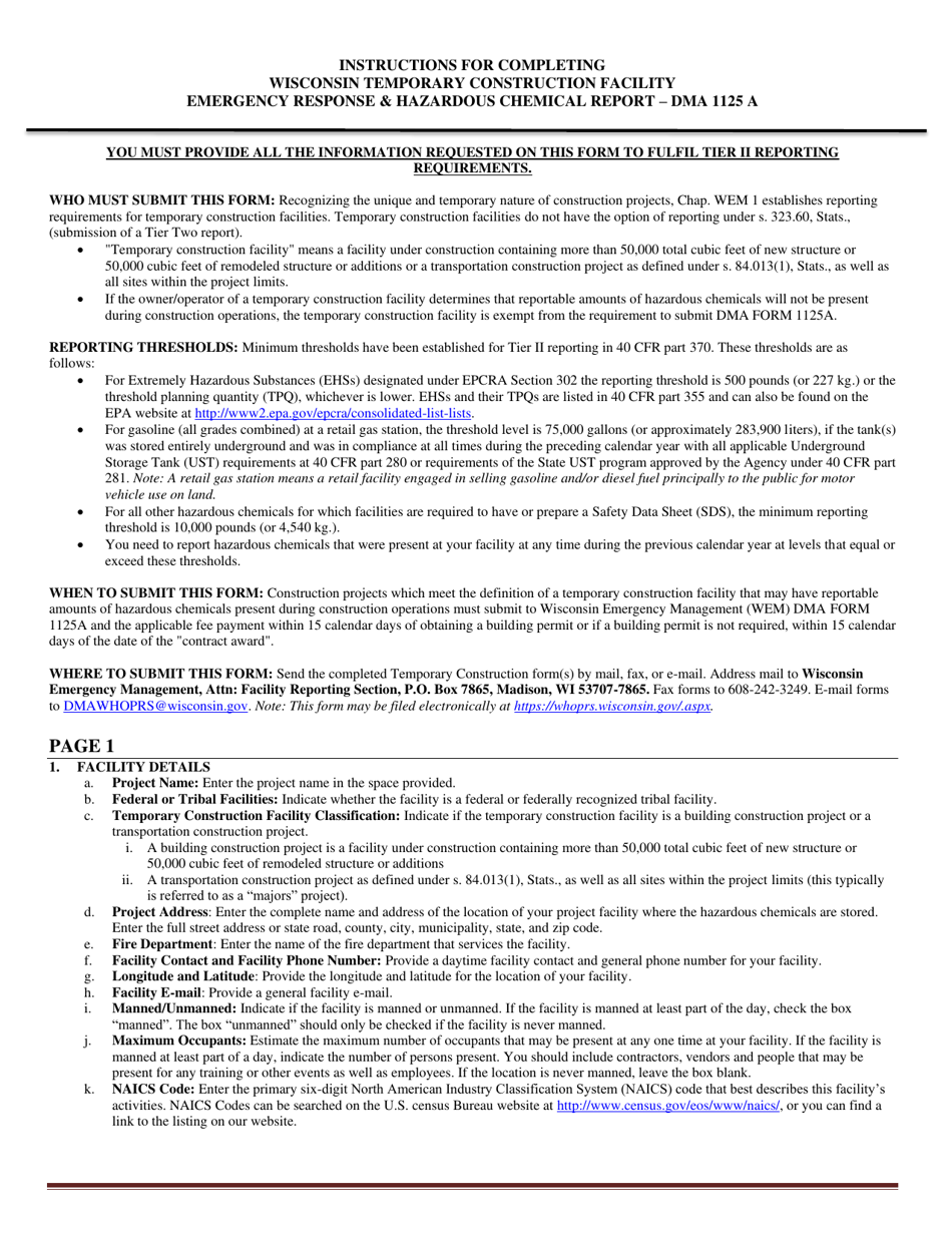 Form DMA1125 A Wisconsin Temporary Construction Facility Emergency Response  Hazardous Chemical Report - Wisconsin, Page 3