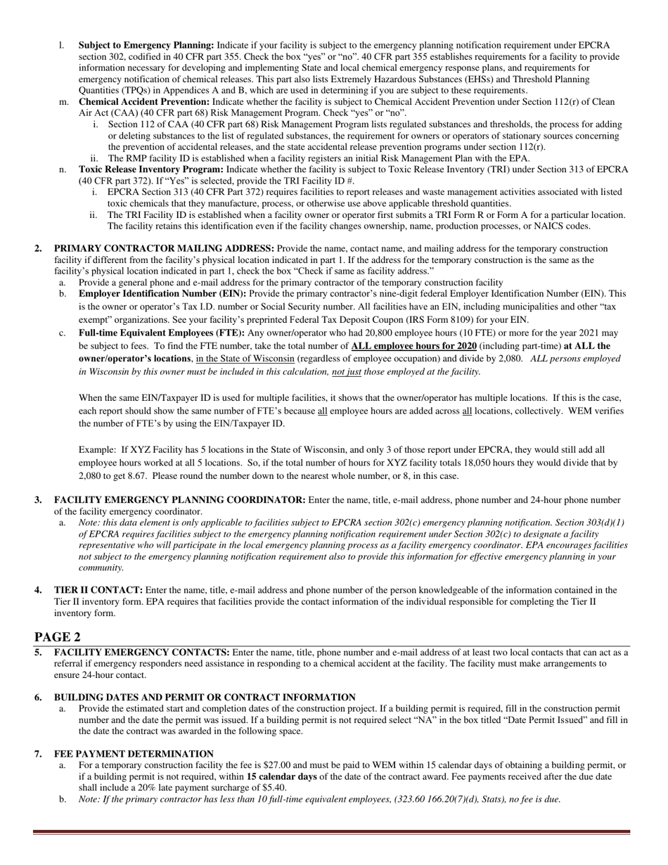 Form DMA1125 A Wisconsin Temporary Construction Facility Emergency Response  Hazardous Chemical Report - Wisconsin, Page 4