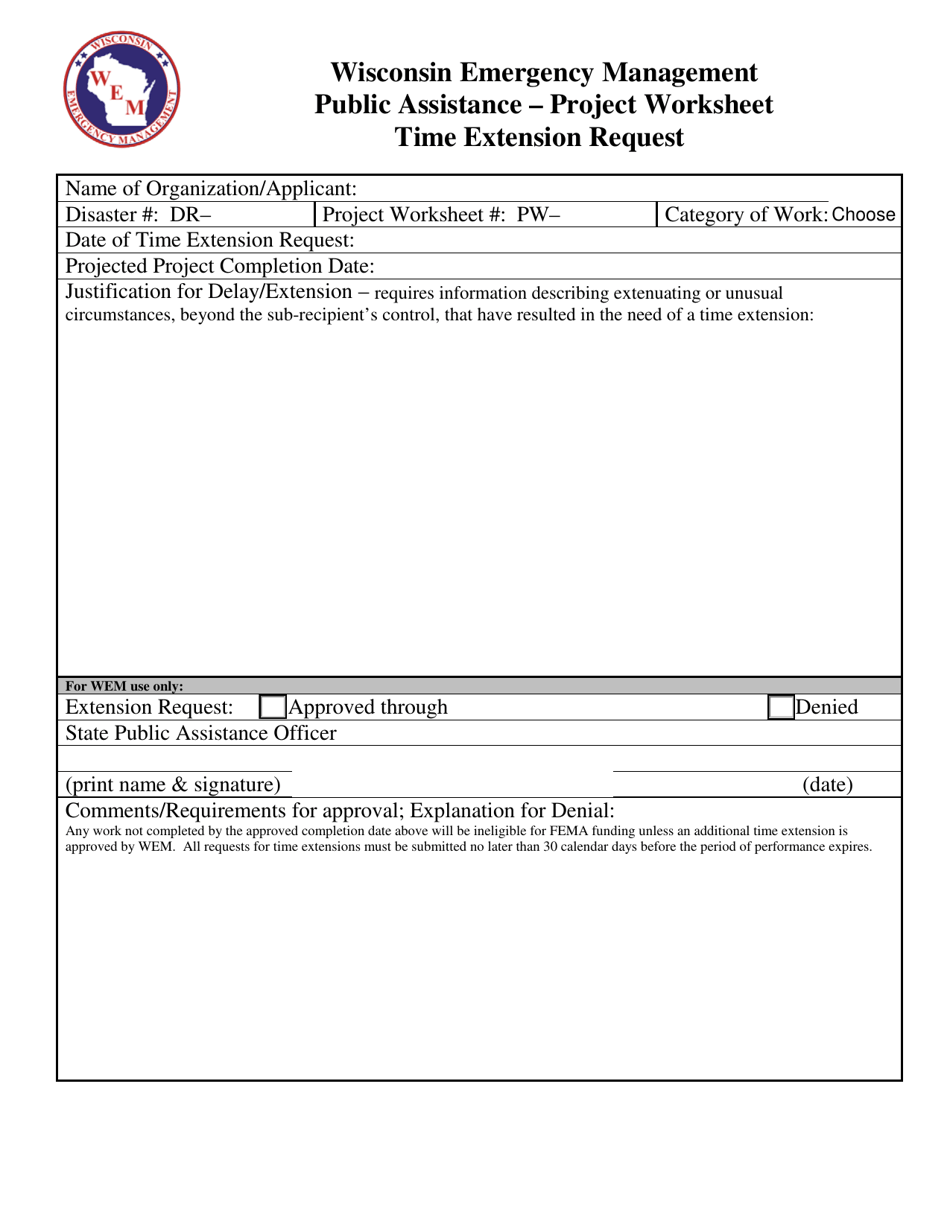 Public Assistance - Project Worksheet Time Extension Request - Wisconsin, Page 1