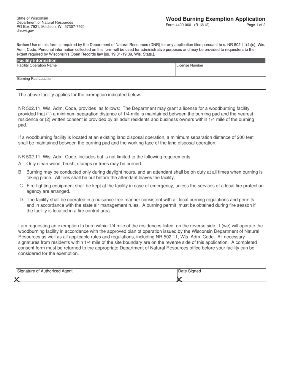 Form 4400-060 Wood Burning Exemption Application - Wisconsin, Page 1