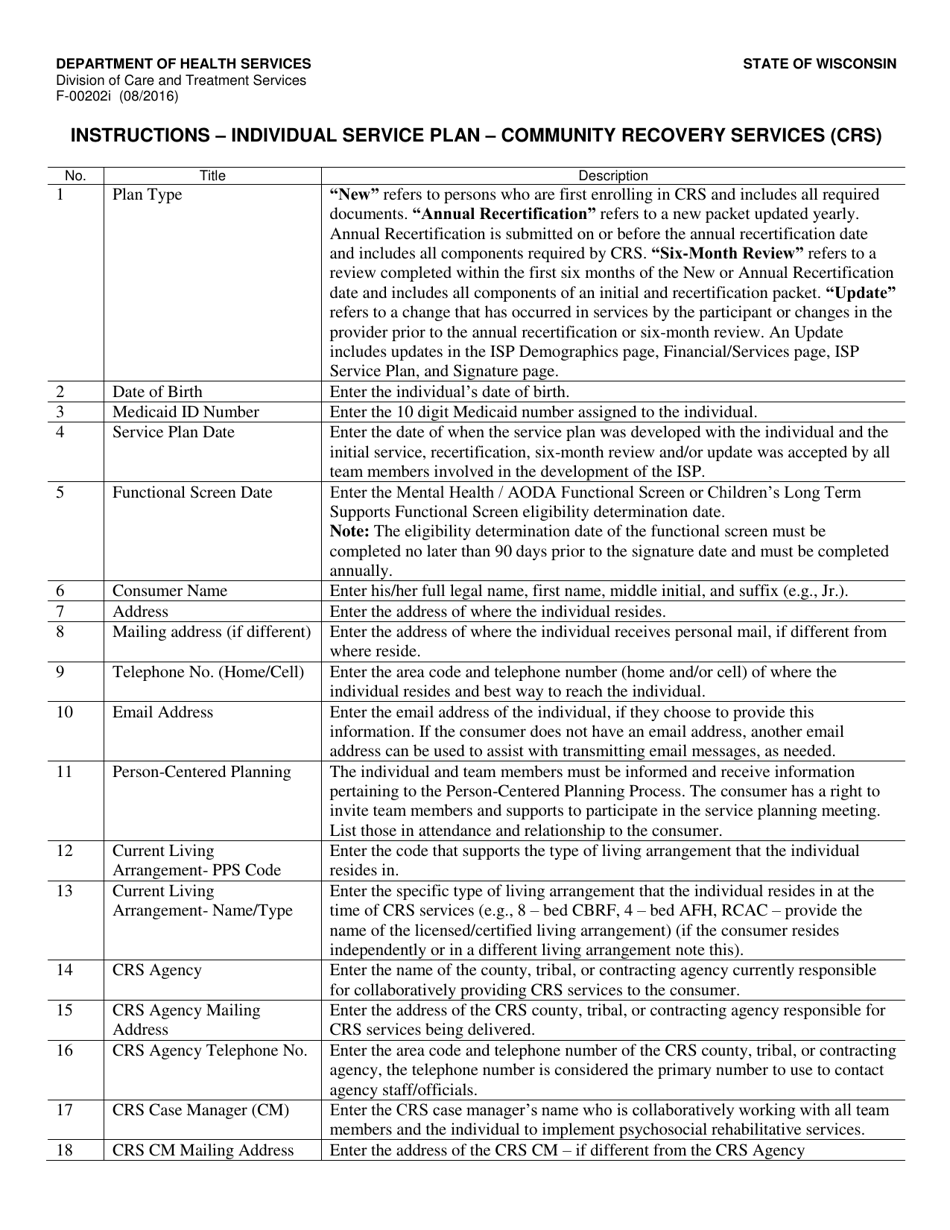 Instructions for Form F-00202 Individual Service Plan - Community Recovery Services (Crs) - Wisconsin, Page 1