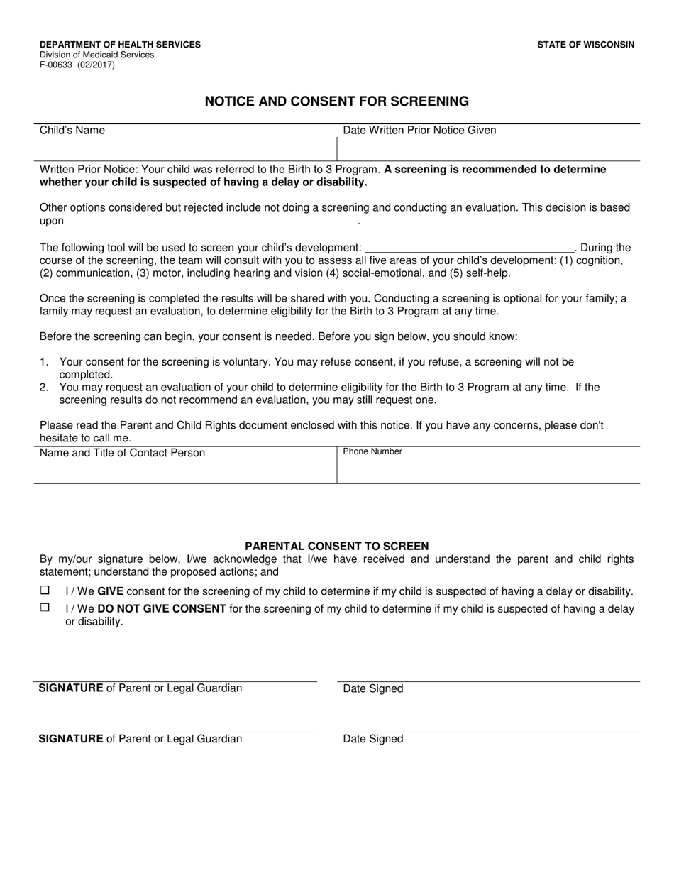 Form F-00633 Notice and Consent for Screening - Wisconsin, Page 1
