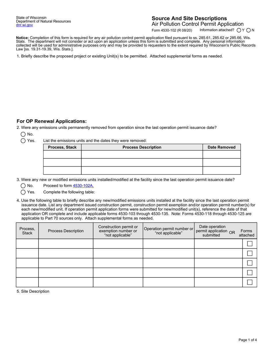 Form 4530-102 Air Pollution Control Permit Application - Source and Site Descriptions - Wisconsin, Page 1