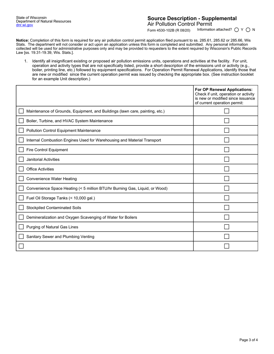 Form 4530-102 Air Pollution Control Permit Application - Source and Site Descriptions - Wisconsin, Page 3