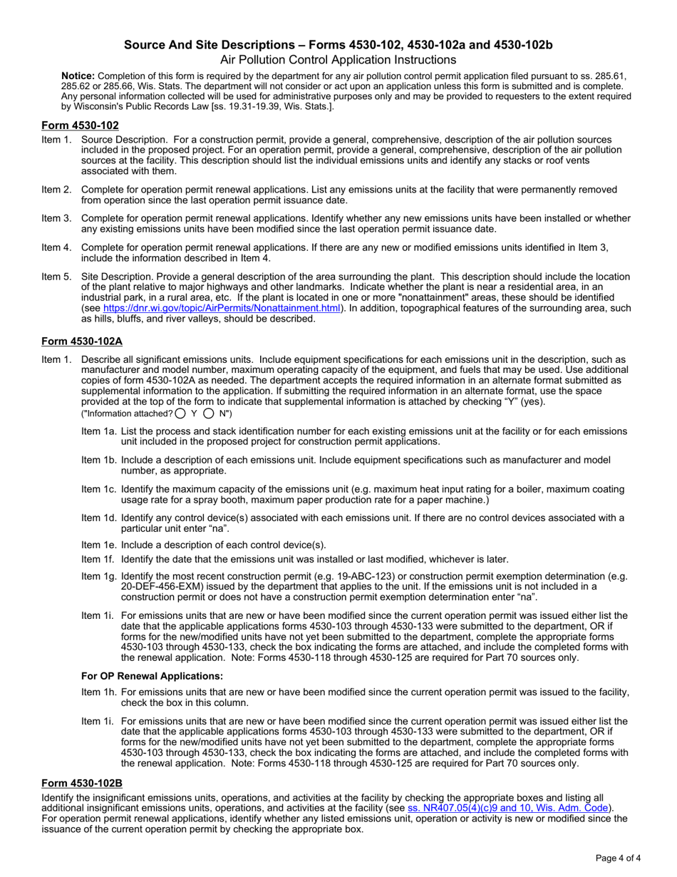 Form 4530-102 Air Pollution Control Permit Application - Source and Site Descriptions - Wisconsin, Page 4
