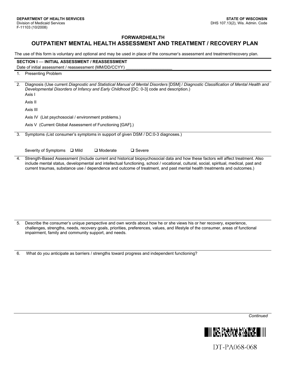 Form F-11103 Outpatient Mental Health Assessment and Treatment / Recovery Plan - Wisconsin, Page 1