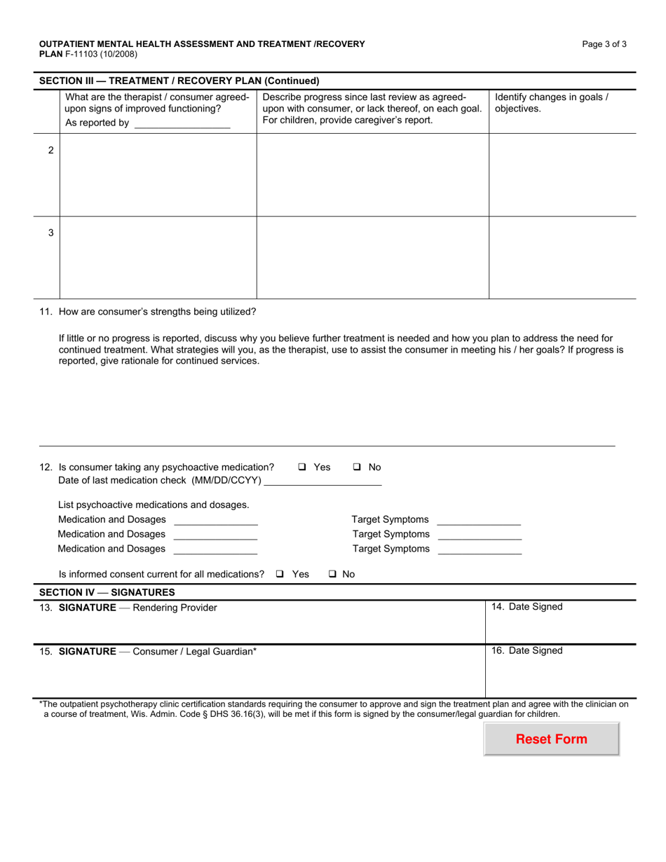 Form F-11103 Outpatient Mental Health Assessment and Treatment / Recovery Plan - Wisconsin, Page 3
