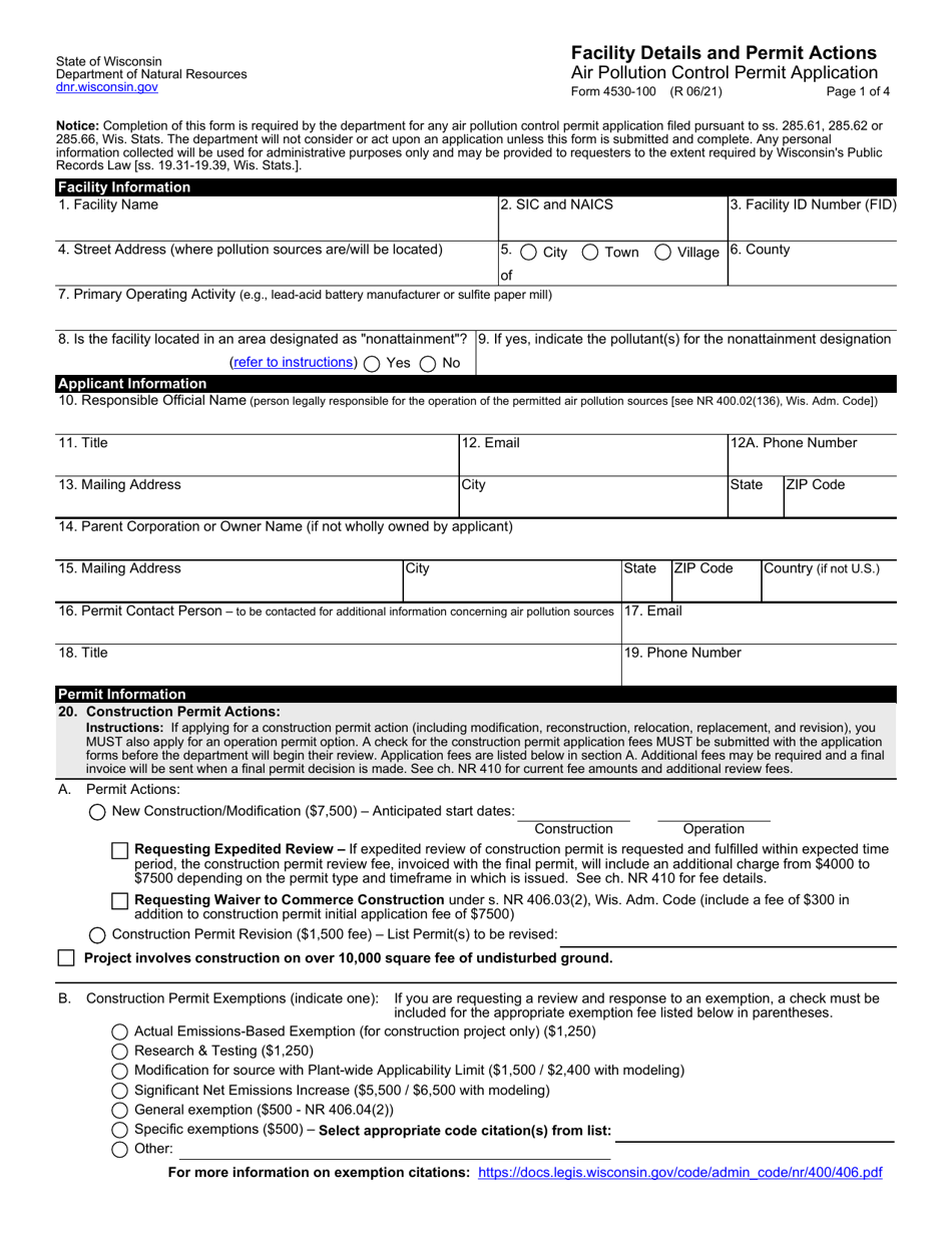 Form 4530-100 Air Pollution Control Permit Application - Facility Details and Permit Actions - Wisconsin, Page 1