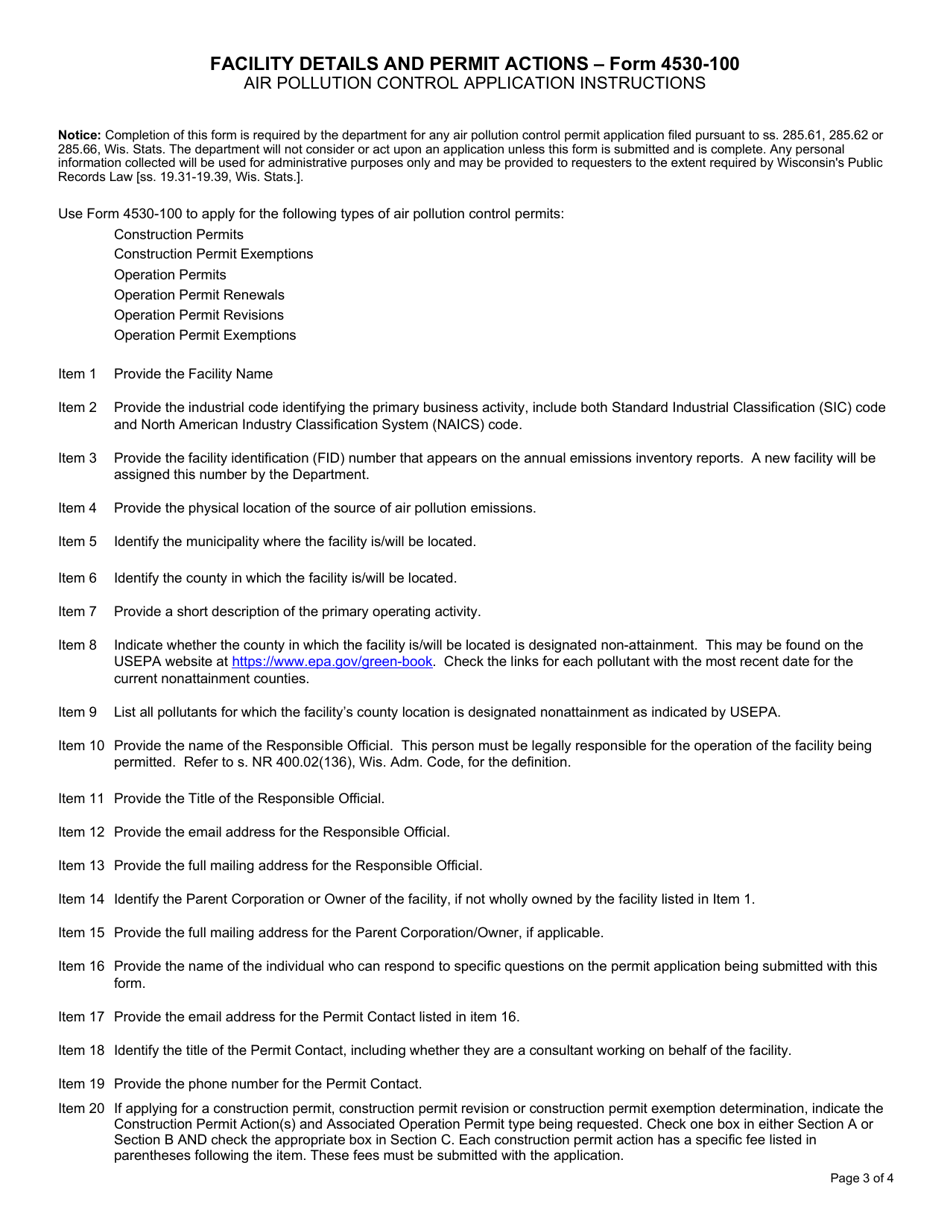 Form 4530-100 Air Pollution Control Permit Application - Facility Details and Permit Actions - Wisconsin, Page 3