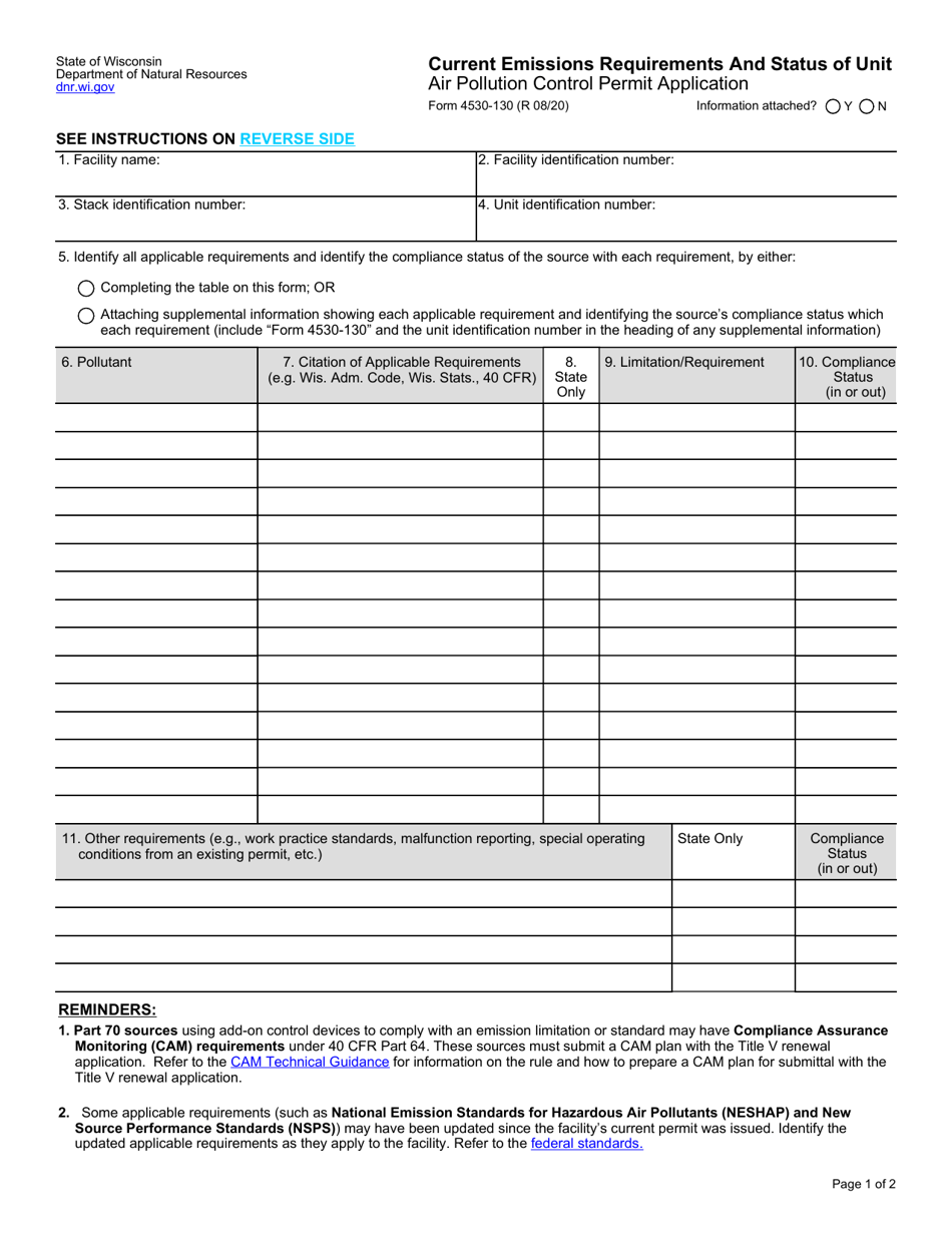 Form 4530-130 Air Pollution Control Permit Application - Current Emissions Requirements and Status of Unit - Wisconsin, Page 1