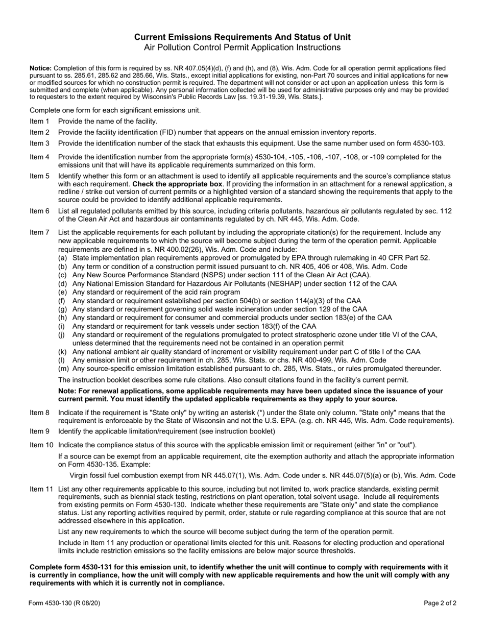 Form 4530-130 Air Pollution Control Permit Application - Current Emissions Requirements and Status of Unit - Wisconsin, Page 2