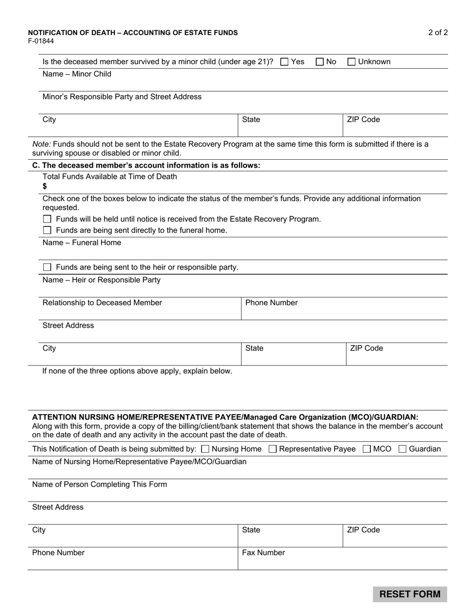 Form F-01844 Notification of Death - Accounting of Estate Funds - Wisconsin, Page 2