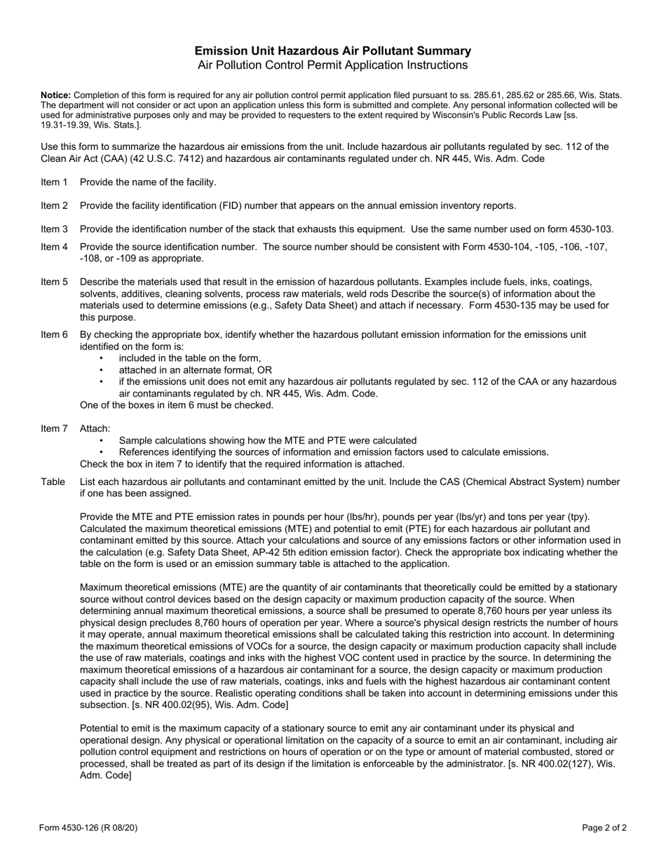 Form 4530-126 Air Pollution Control Permit Application - Emission Unit Hazardous Air Pollutant Summary - Wisconsin, Page 2