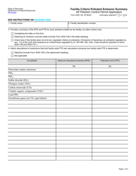 Form 4530-129 Air Pollution Control Permit Application - Facility Criteria Pollutant Emission Summary - Wisconsin