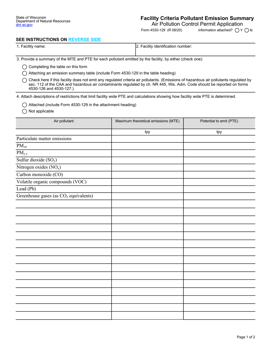 Form 4530-129 Air Pollution Control Permit Application - Facility Criteria Pollutant Emission Summary - Wisconsin, Page 1