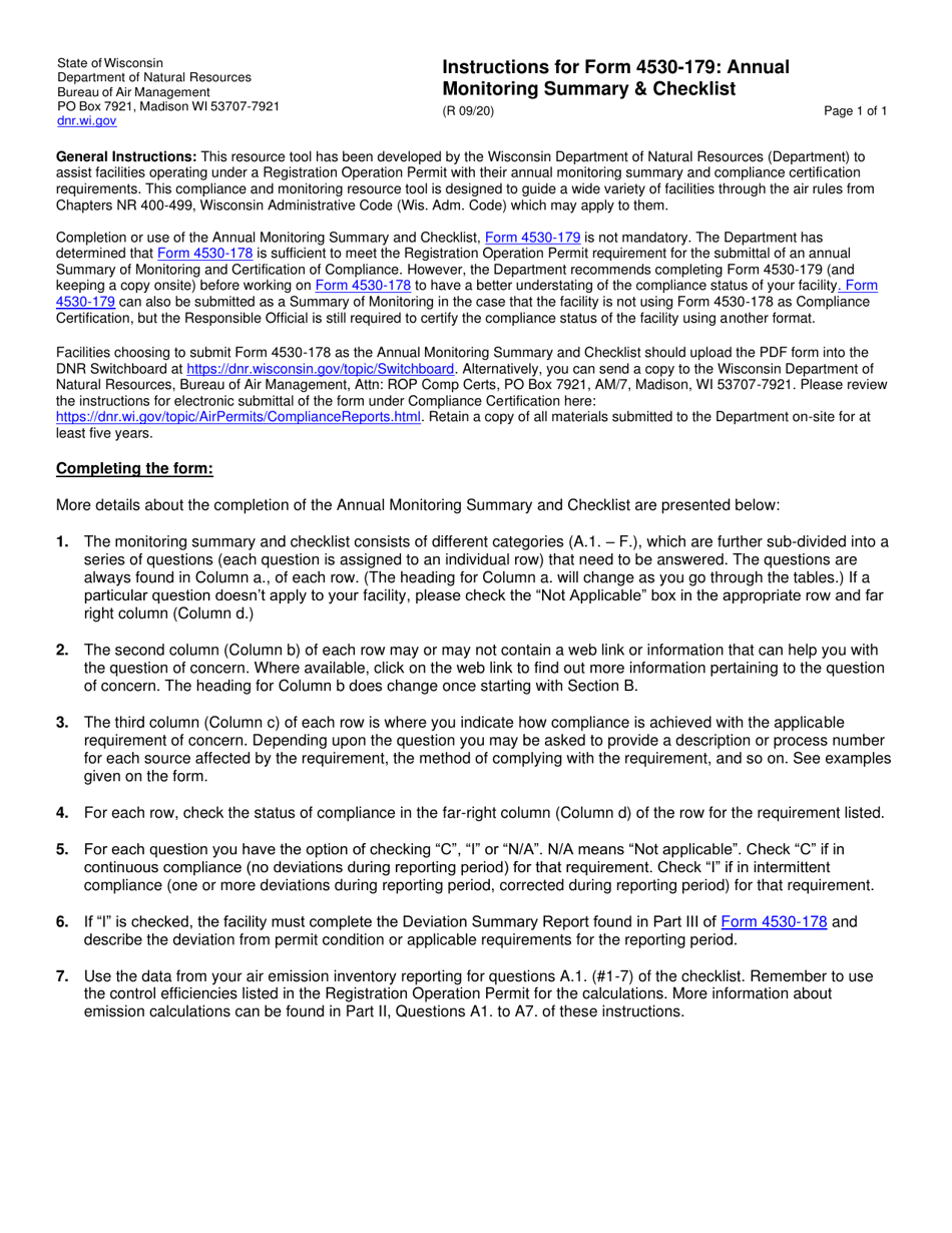 Instructions for Form 4530-179 Registration Operation Permit (Rop) Annual Monitoring Summary and Checklist - Wisconsin, Page 1