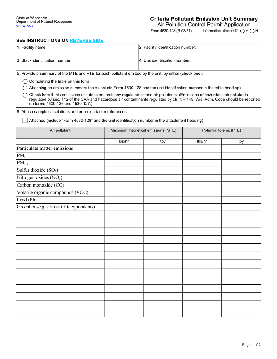 Form 4530-128 Air Pollution Control Permit Application - Criteria Pollutant Emission Unit Summary - Wisconsin, Page 1