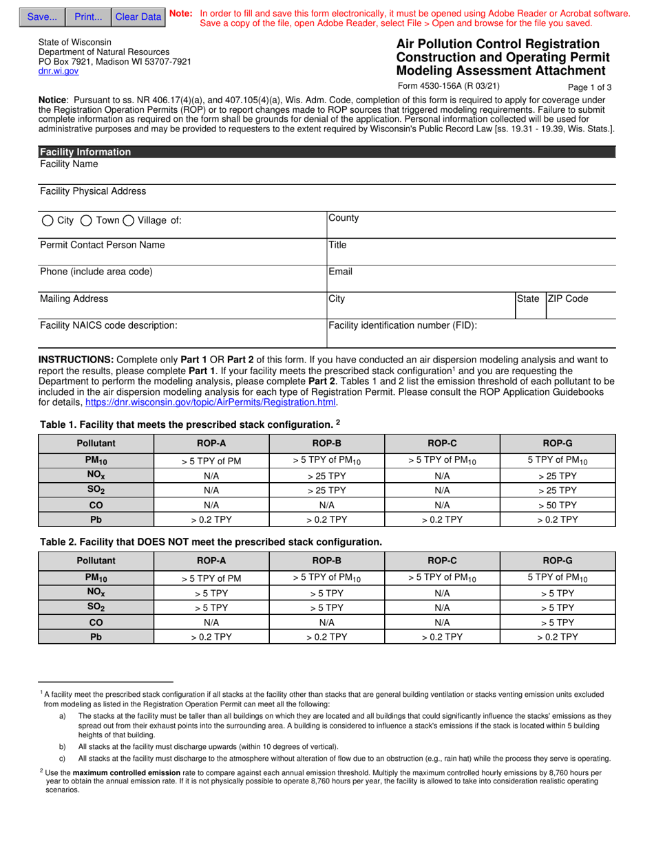 Form 4530-156A Air Pollution Control Registration Construction and Operating Permit Modeling Assessment Attachment - Wisconsin, Page 1