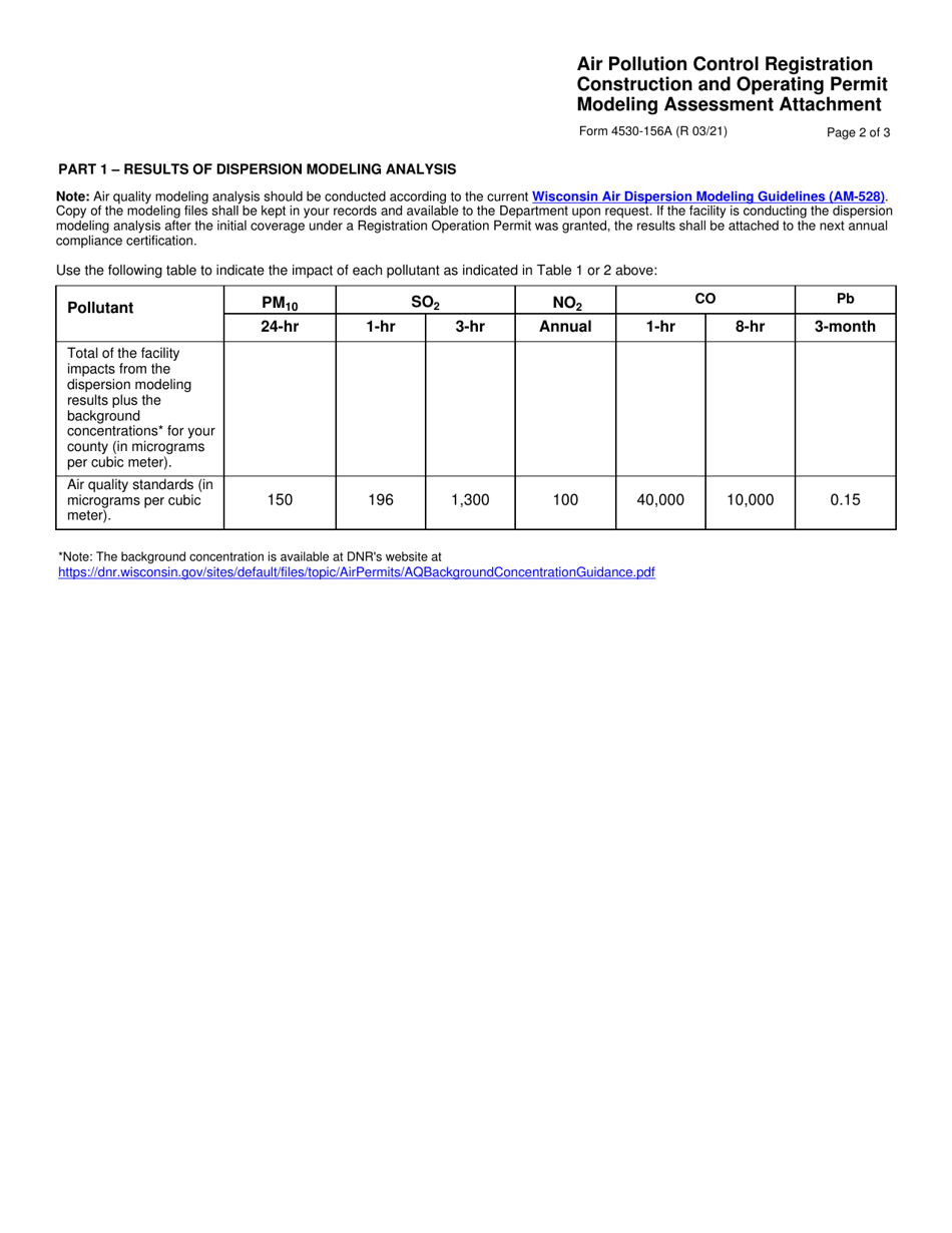 Form 4530-156A Air Pollution Control Registration Construction and Operating Permit Modeling Assessment Attachment - Wisconsin, Page 2