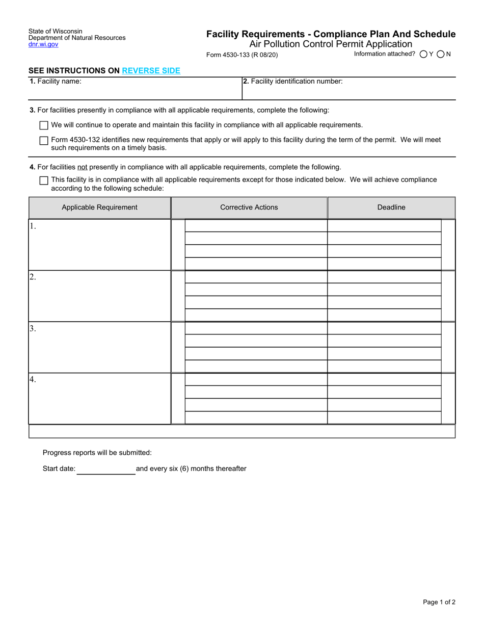 Form 4530-133 Facility Requirements - Compliance Plan and Schedule - Air Pollution Control Permit Application - Wisconsin, Page 1