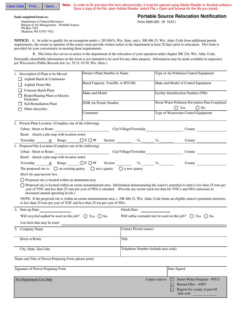 Form 4500-025 Portable Source Relocation Notification - Wisconsin, Page 1