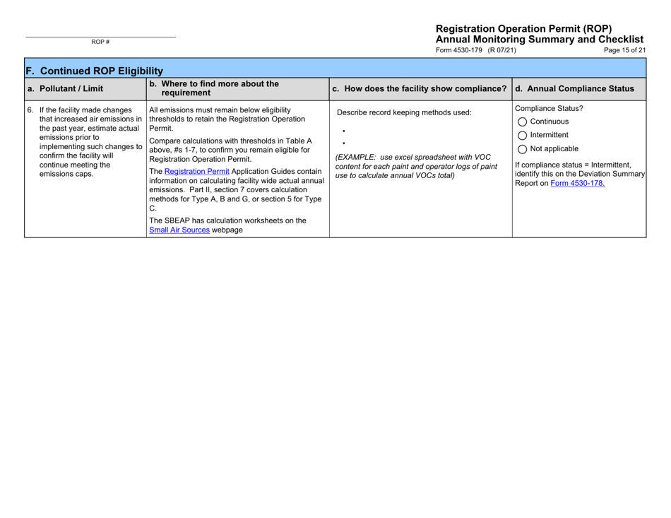 Form 4530-179 Registration Operation Permit (Rop) Annual Monitoring Summary and Checklist - Wisconsin, Page 15