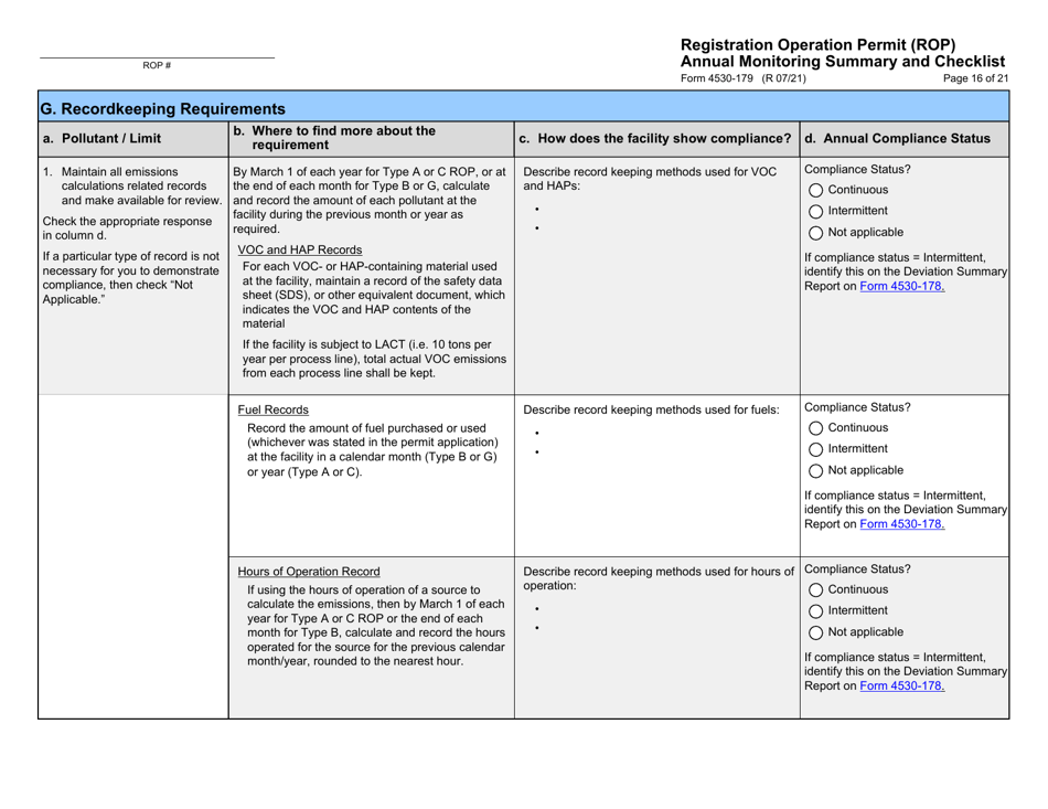 Form 4530-179 Registration Operation Permit (Rop) Annual Monitoring Summary and Checklist - Wisconsin, Page 16