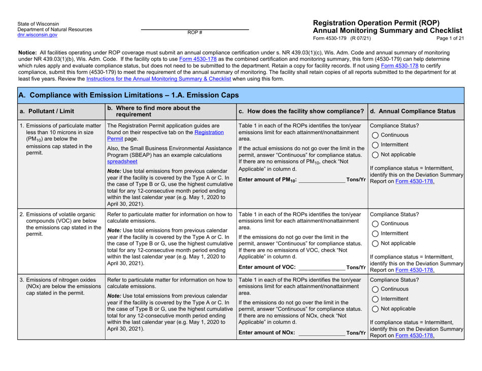 Form 4530-179 Registration Operation Permit (Rop) Annual Monitoring Summary and Checklist - Wisconsin, Page 1