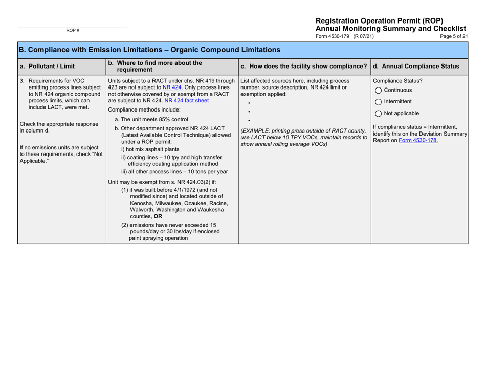 Form 4530-179 Registration Operation Permit (Rop) Annual Monitoring Summary and Checklist - Wisconsin, Page 5
