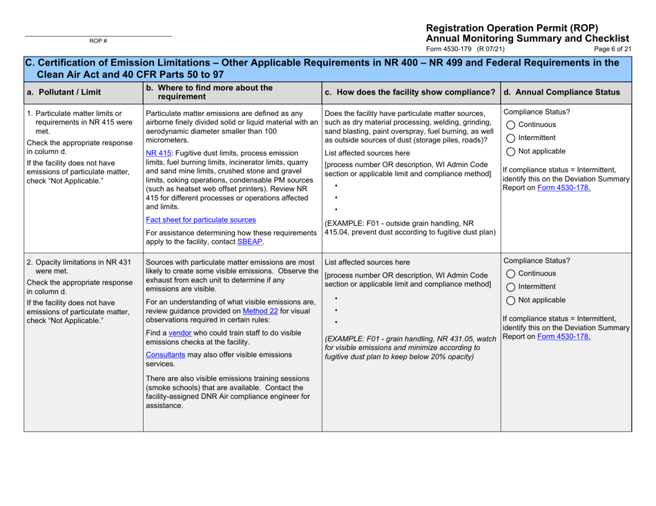 Form 4530-179 Registration Operation Permit (Rop) Annual Monitoring Summary and Checklist - Wisconsin, Page 6