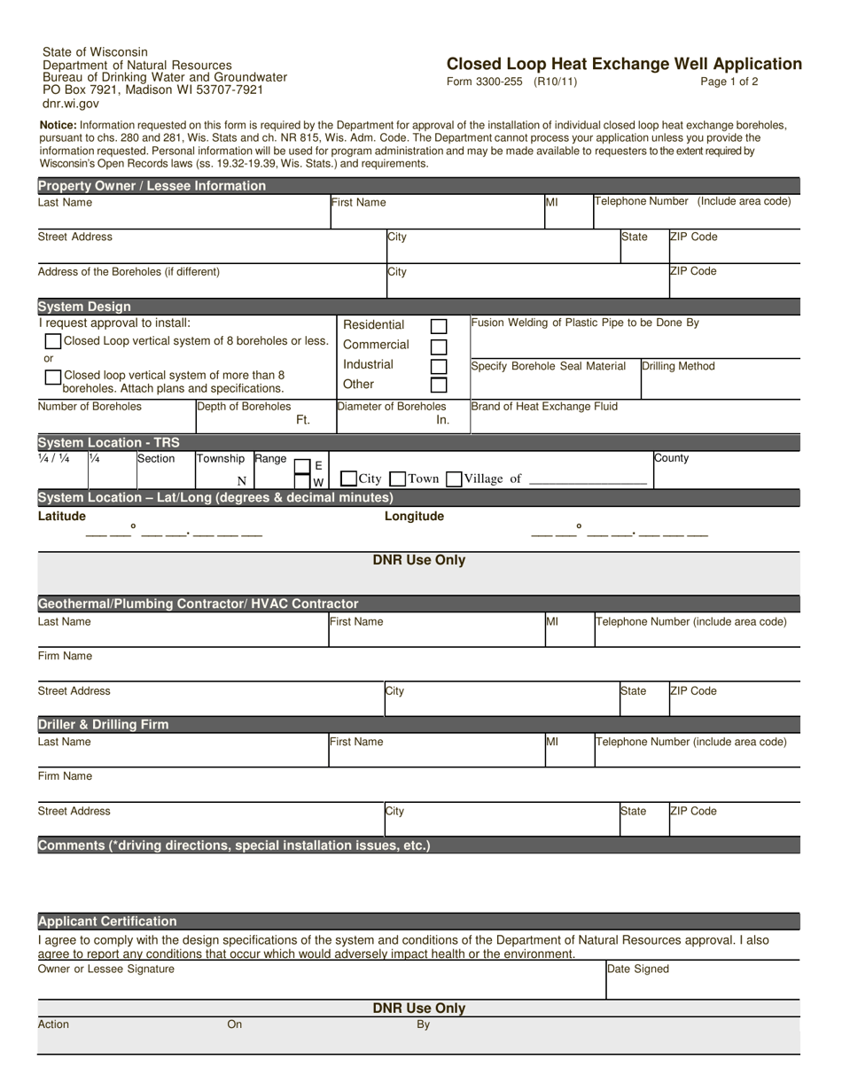 Form 3300-255 Closed Loop Heat Exchange Well Application - Wisconsin, Page 1