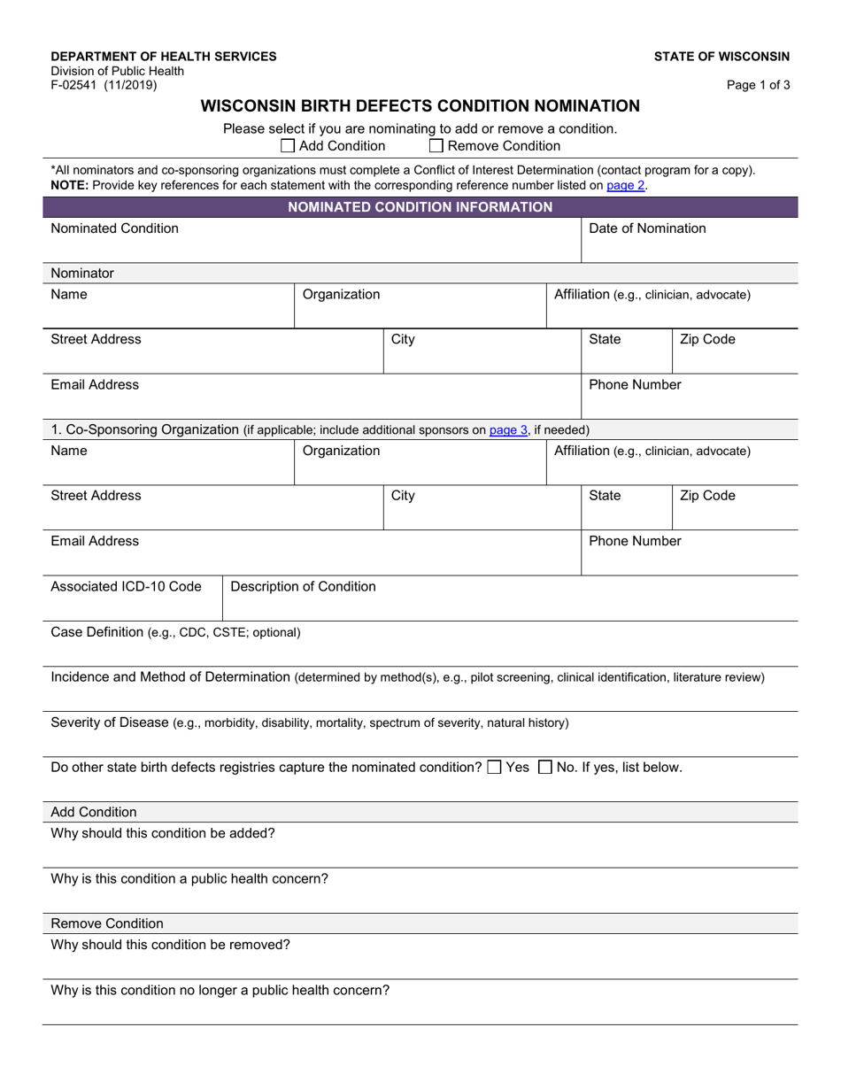 Form F-02541 Wisconsin Birth Defects Condition Nomination - Wisconsin, Page 1