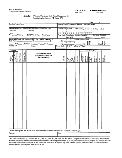 Form 4400-122 Soil Boring Log Information - Wisconsin