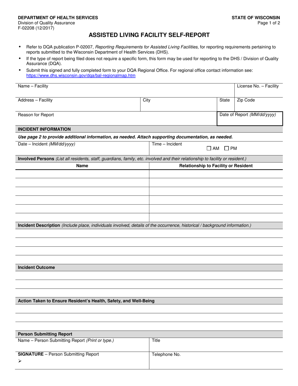 Form F-02208 Assisted Living Facility Self-report - Wisconsin, Page 1