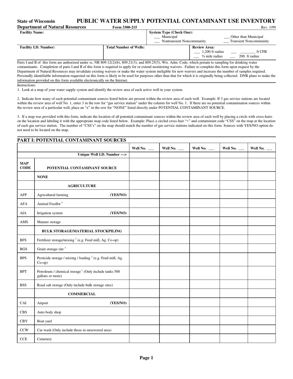 Form 3300-215 Public Water Supply Potential Contaminant Use Inventory - Wisconsin, Page 1