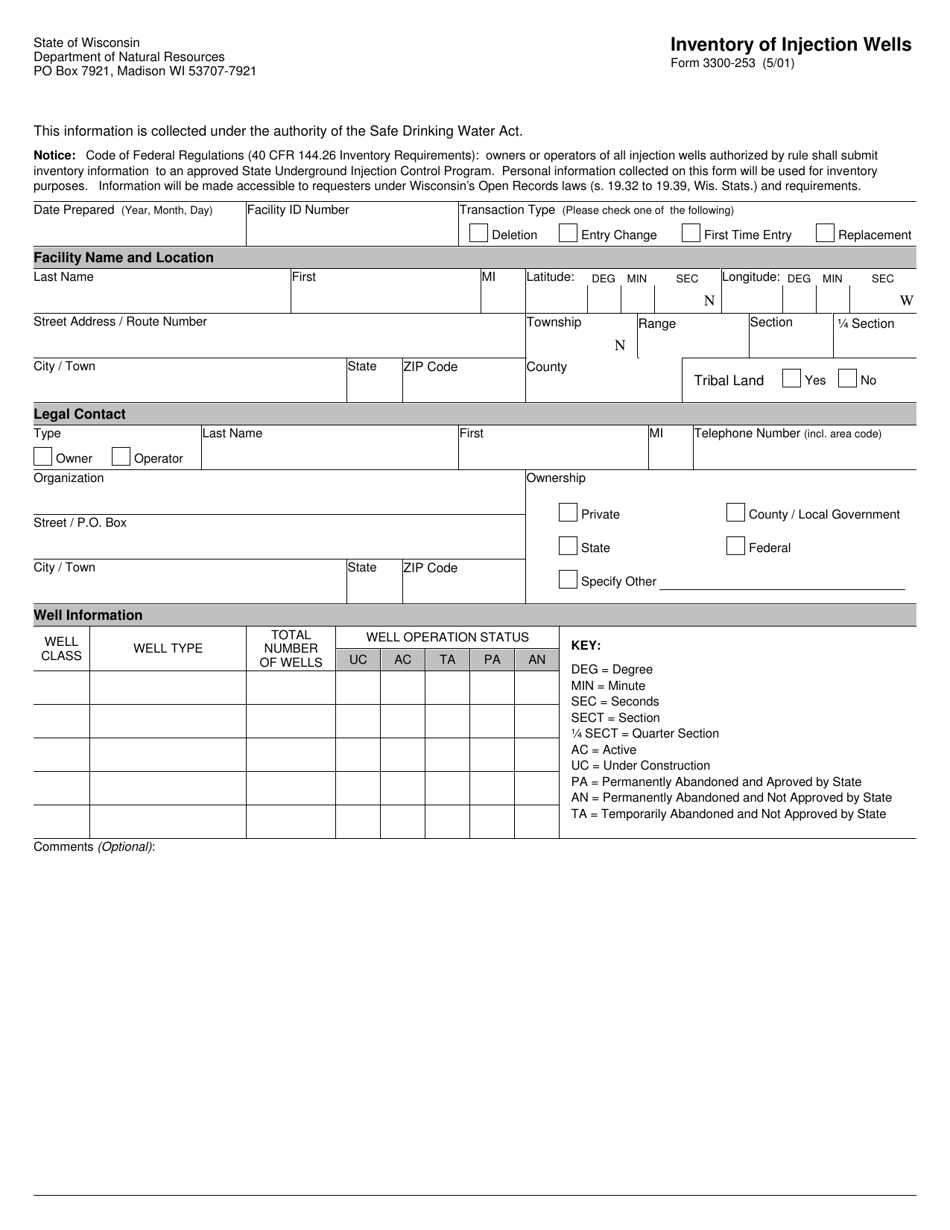 Form 3300-253 Inventory of Injection Wells - Wisconsin, Page 1