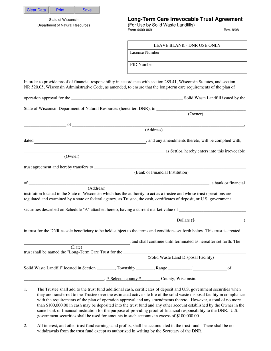 Form 4400-069 Long-Term Care Irrevocable Trust Agreement (For Use by Solid Waste Landfills) - Wisconsin, Page 1